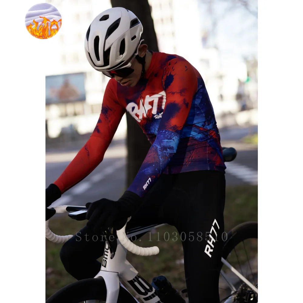 RH77 Bike Thermal Fleece Bicycle Jersey Winter Warm Cycling Jerseys Road Race Cut Aero Jersey Men Italian Clothing Long Sleeve