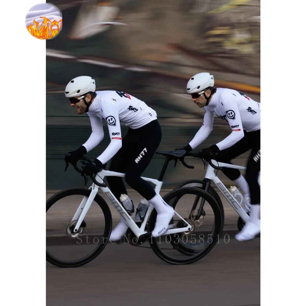 RH77 Bike Thermal Fleece Bicycle Jersey Winter Warm Cycling Jerseys Road Race Cut Aero Jersey Men Italian Clothing Long Sleeve